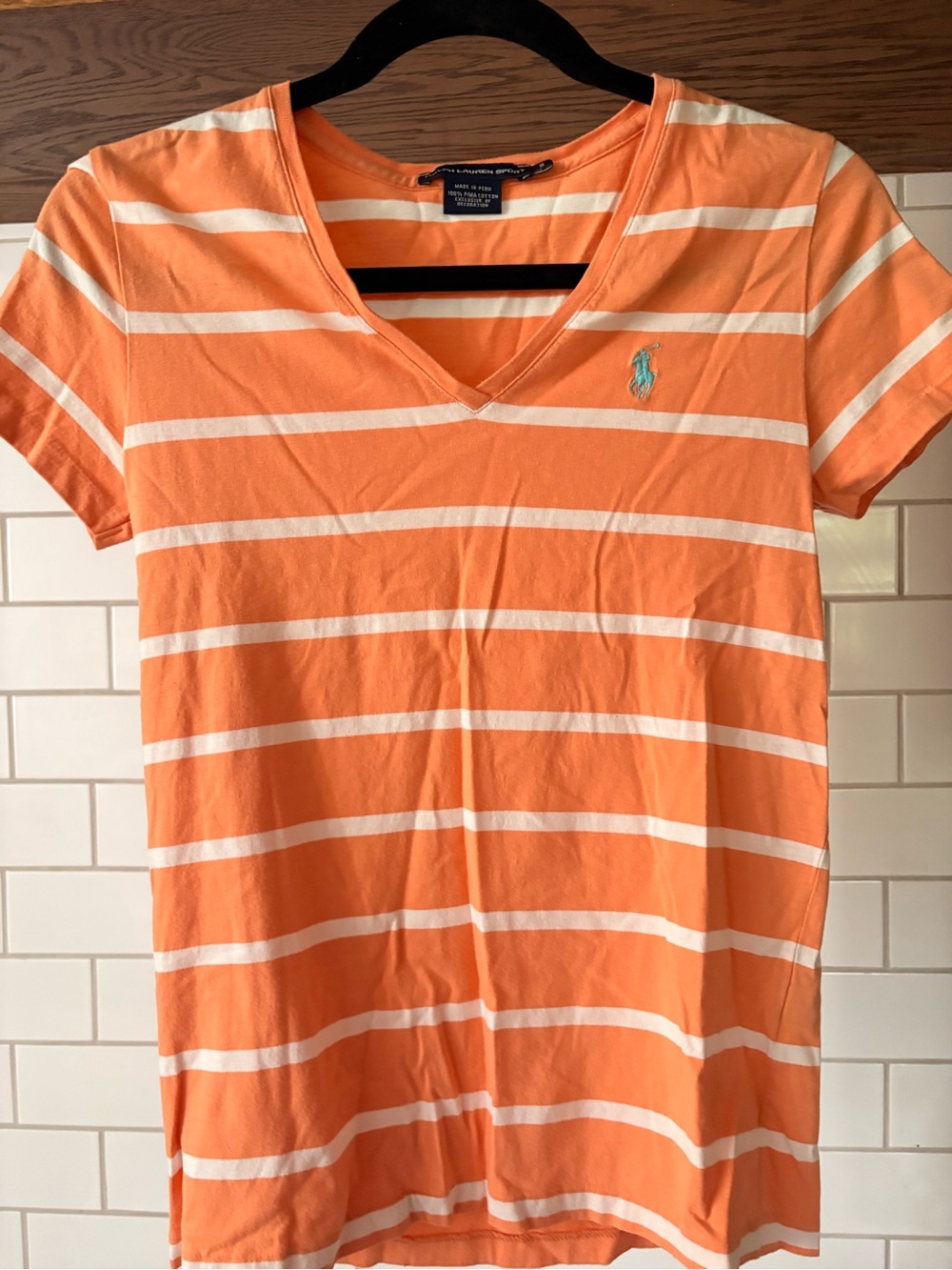 Ralph Lauren Orange and White Striped V-Neck Tee